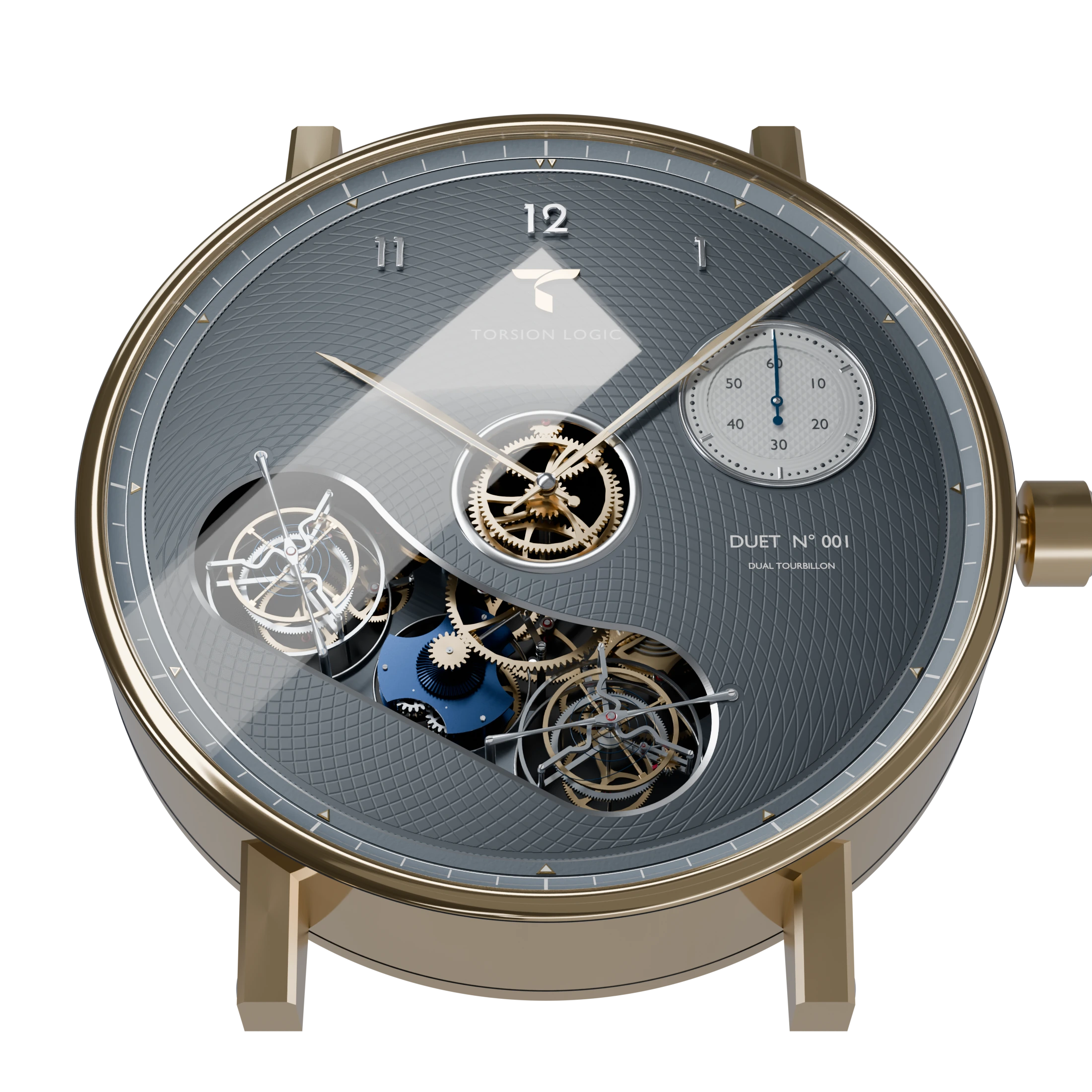 Duet Dual Tourbillon at 30 degrees, with a diagonal graphite dial, champagne hands and gears, twin silver tourbillons, and a blue central differential