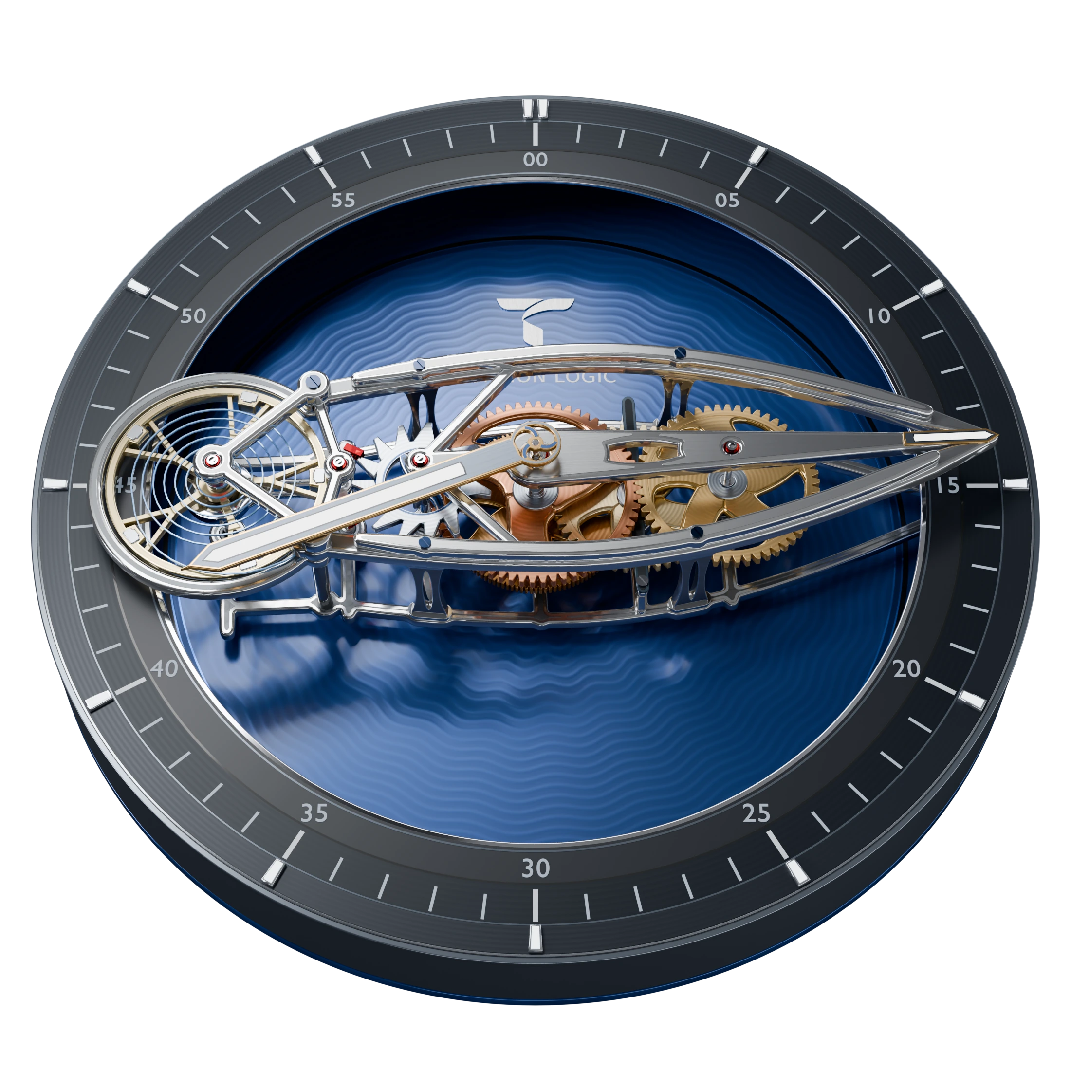 Flying Carousel at 30 degrees with a straight silver openwork carriage, gold-toned gears, central hour hand, and blue patterned dial