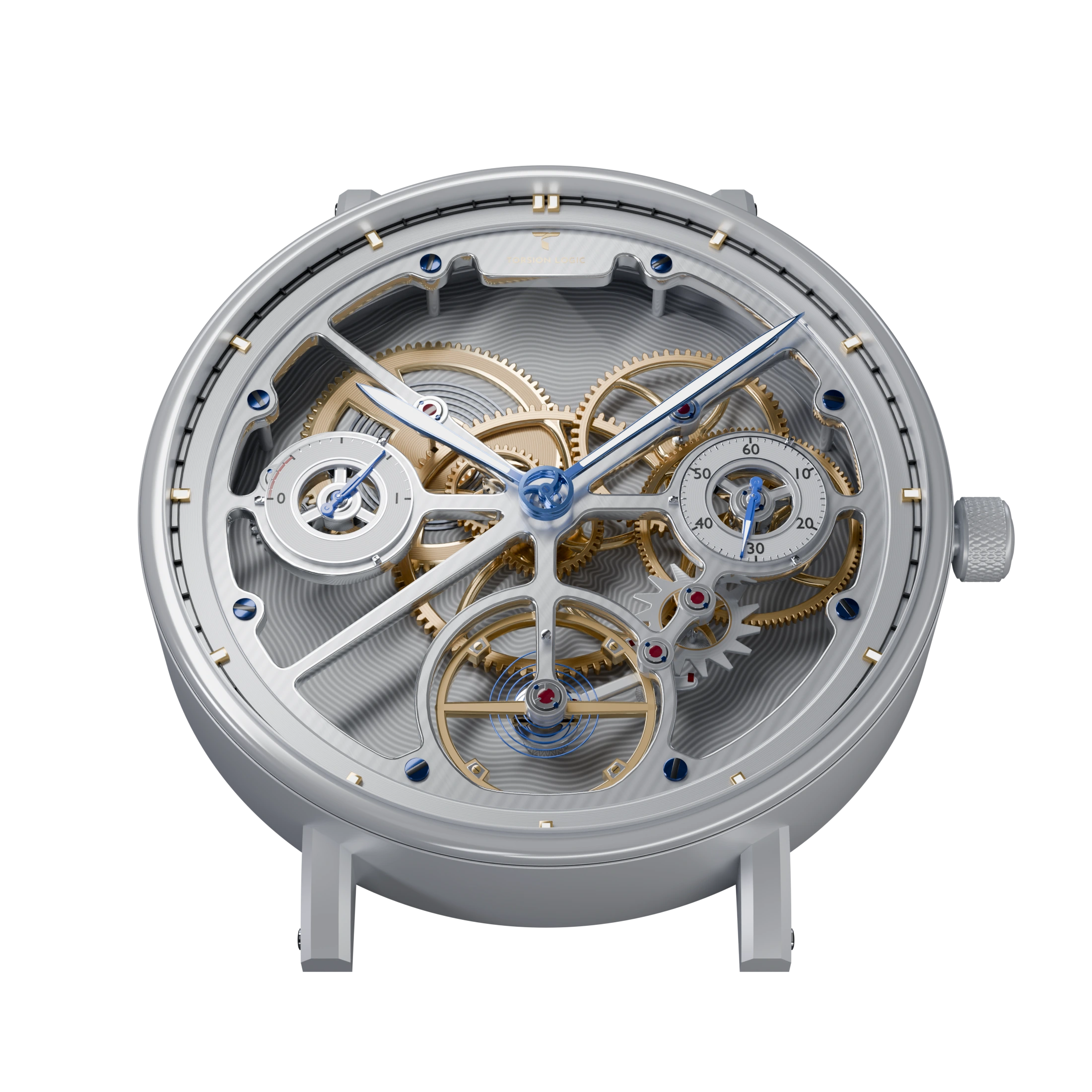 Mechanical Skeleton at 30 degrees in a steel case with a rolled bezel, showing silver bridges, gold-toned gears, blue screws, and a balance wheel at six over a silver engine-turned floor