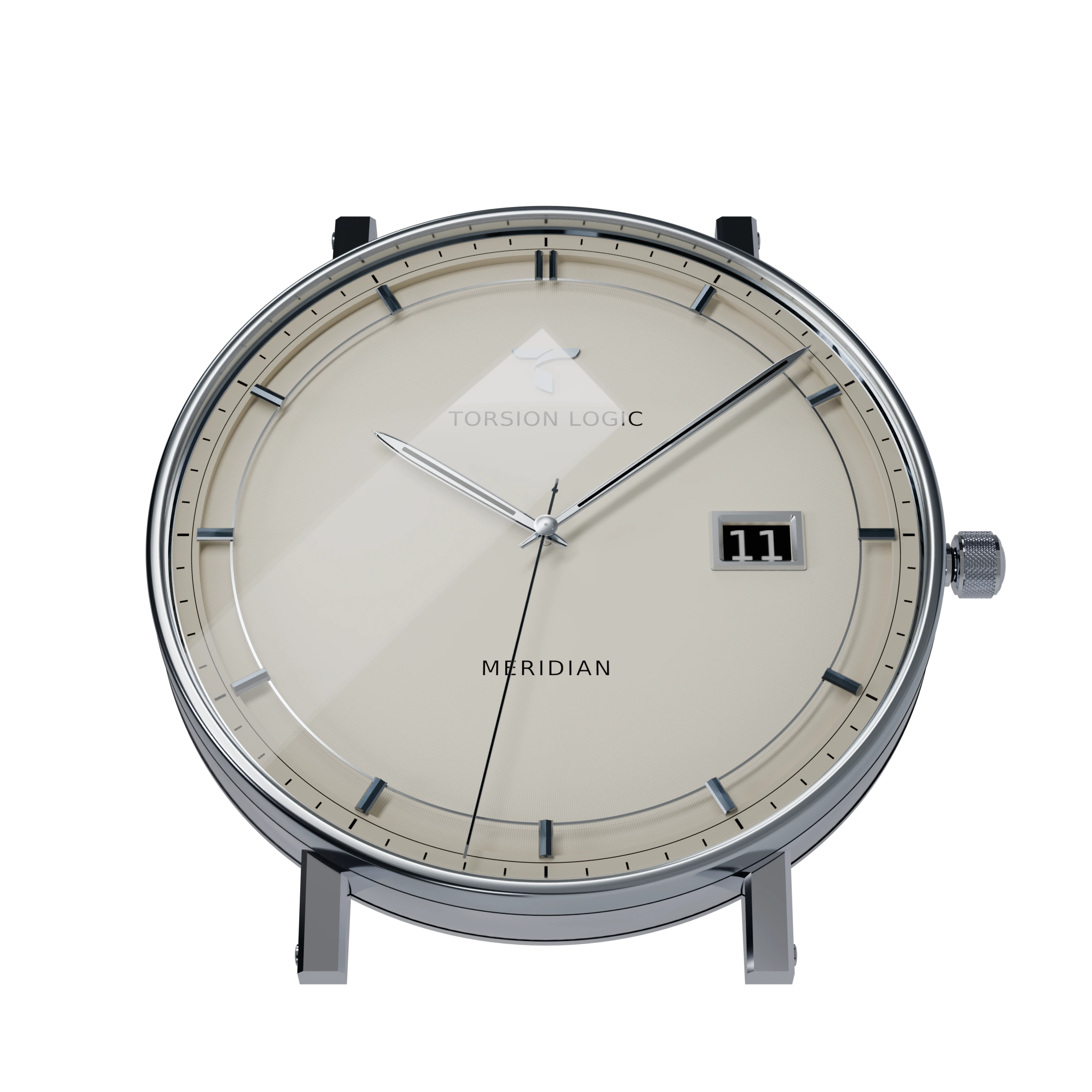 Meridian Date at 30 degrees in Ivory, in a steel case with lugs and crown, showing the hour markers standing clear of the dial and the recessed date window