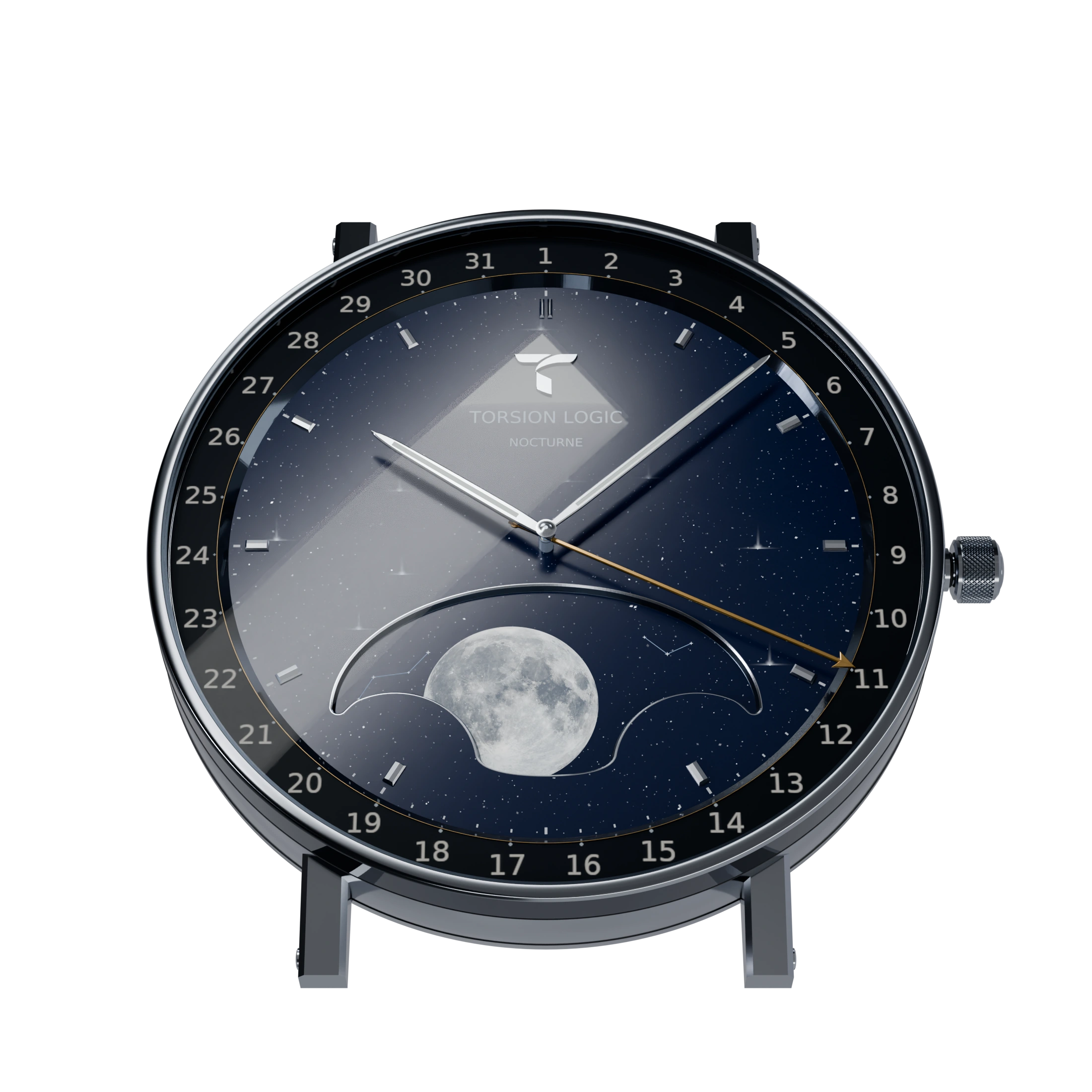 Nocturne Calendar at 30 degrees in a steel case with lugs, crown and crystal, showing its star-filled Midnight dial, recessed arched moon window and pale moon